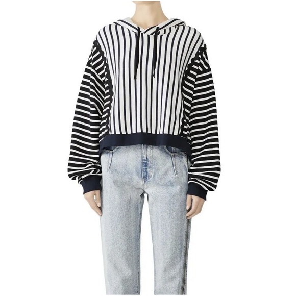 Jonathan Simkhai Sweatshirt Size L Blue Striped Hoodie Pullover - Picture 1 of 7